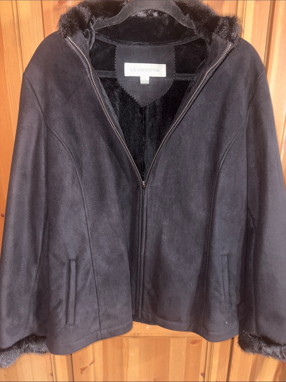 Liz Claiborne Black Faux-Suede Hooded Teddy Jacket